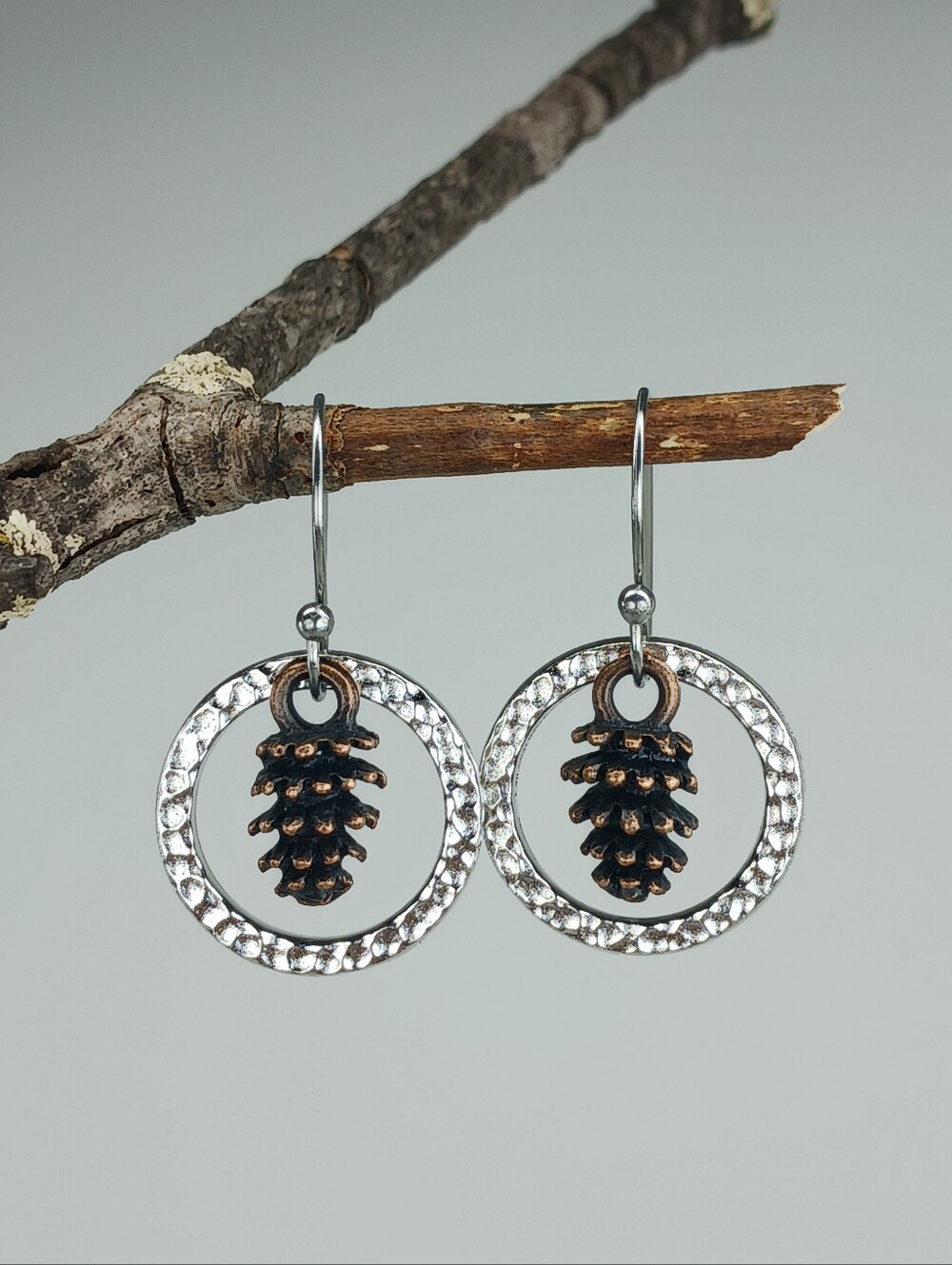 Mixed Metal Pinecone Earrings Hammered Silver Copper Woodland Hand Crafted - Picture 4 of 6